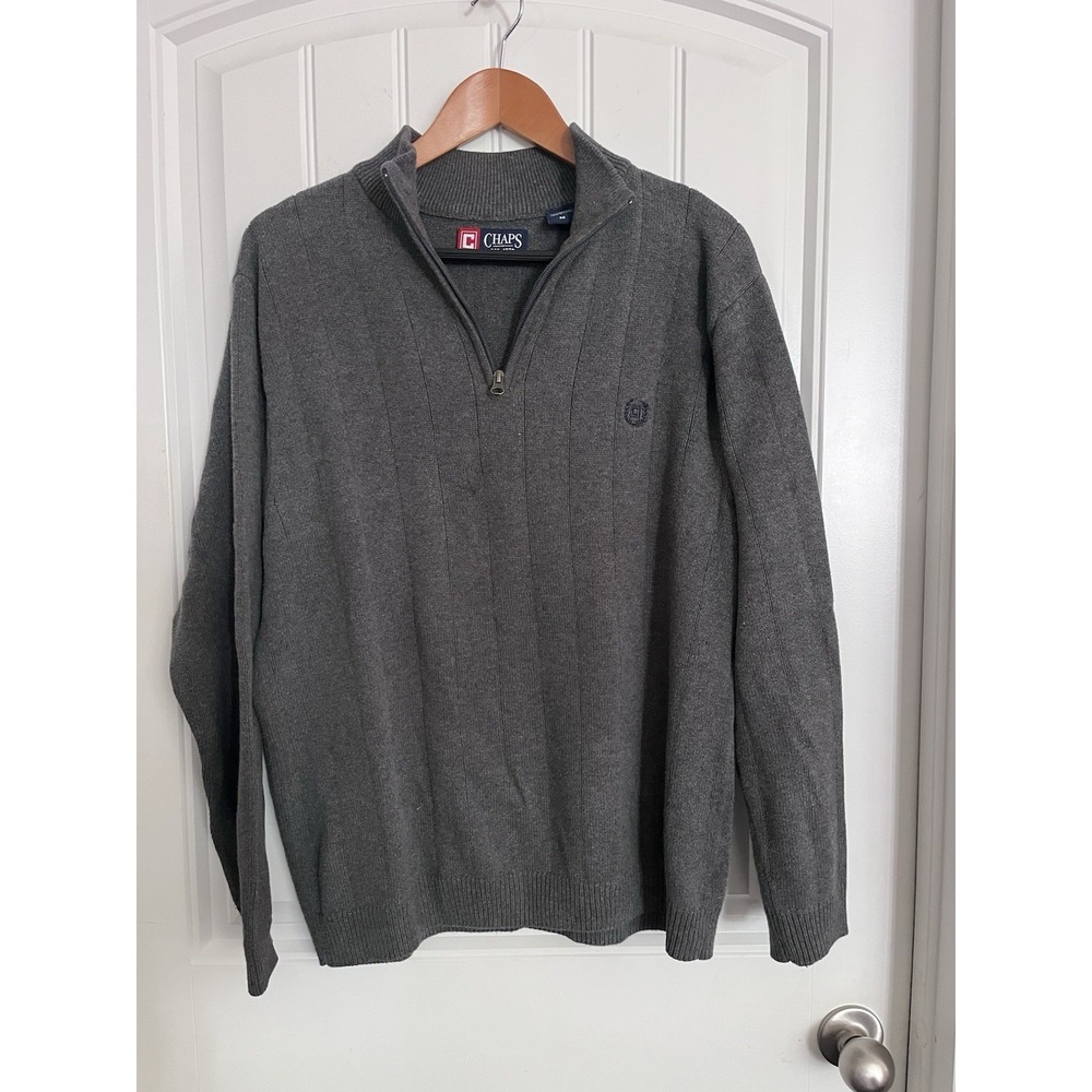 Chaps Sweater Mens Medium Blue Gray Cotton Quarter Zip Mock‎ Neck Pullover 450